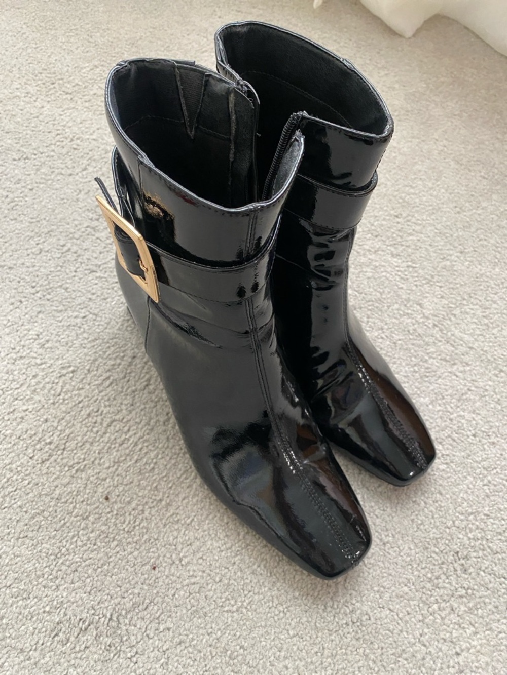 Patent Leather Ankle Boots with Gold Buckle - Black